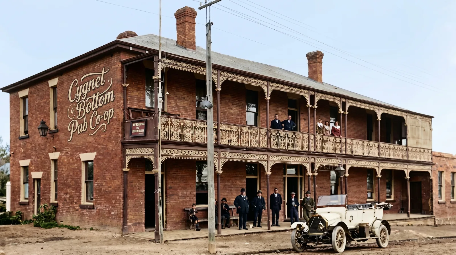 The verandah and lacework of the Commercial Hotel, Cygnet, in an archival photograph.